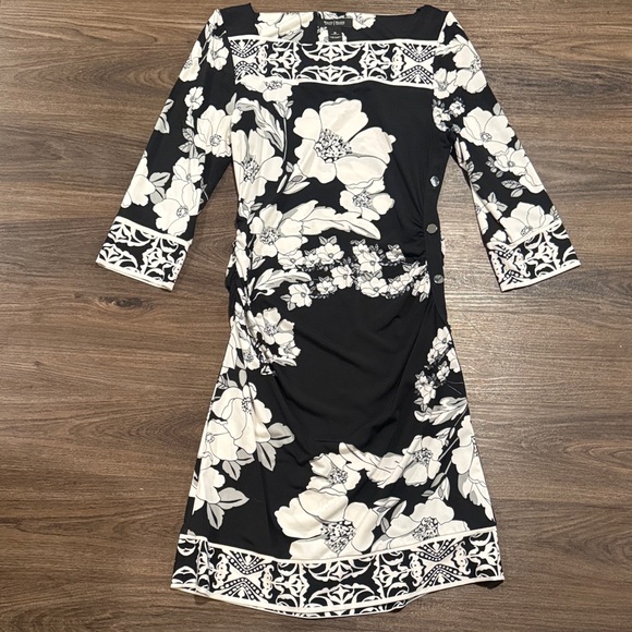 White House Black Market Dresses & Skirts - Black, Gray, and White Floral 3/4 Sleeve Dress Medium Square Neck
